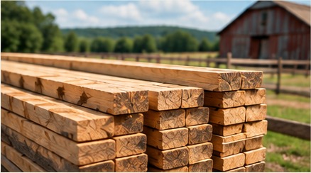 Stacked rough-cut farm lumber